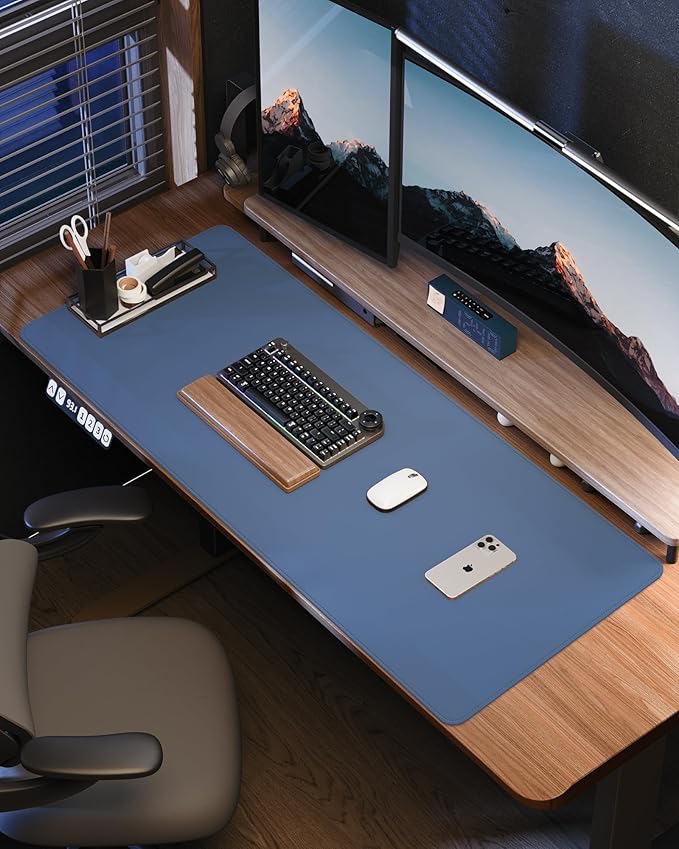 Leather Desk Pad Protector- 48" x 17" Office Desk Mat, Non-Slip PU Leather Mouse Pad, Waterproof Desk Blotter Mat, Desk Cover for Office and Home (Grey Blue)