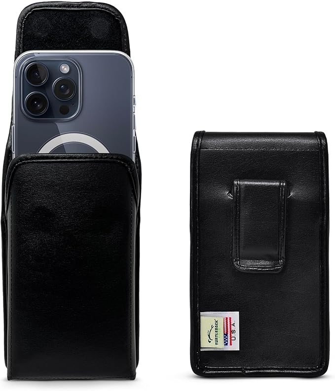 Turtleback Belt Holder for iPhone 16 Pro Max, 15 Pro Max, 14 Pro Max -Small- Fits w/Slim MagSafe Style Cases, Premium Black Leather Vertical Belt Holster Magnetic Closure Leather Wrapped Clip