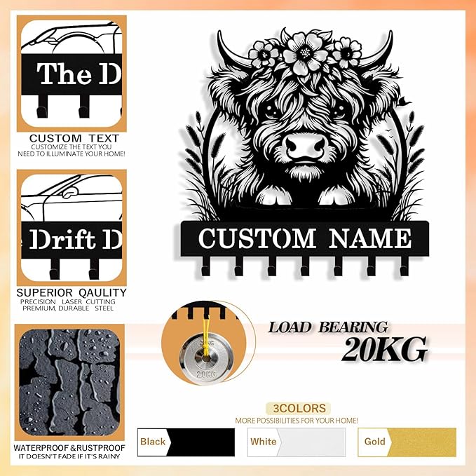 Personalized Highland Cow Key Holder Wall Mount, Custom Metal Key Rack Key Holder with Name, Deer Cabin Wall Keys Hanger with Hooks for Entryway, Front Door, Hallway, Kitchen, Living Room
