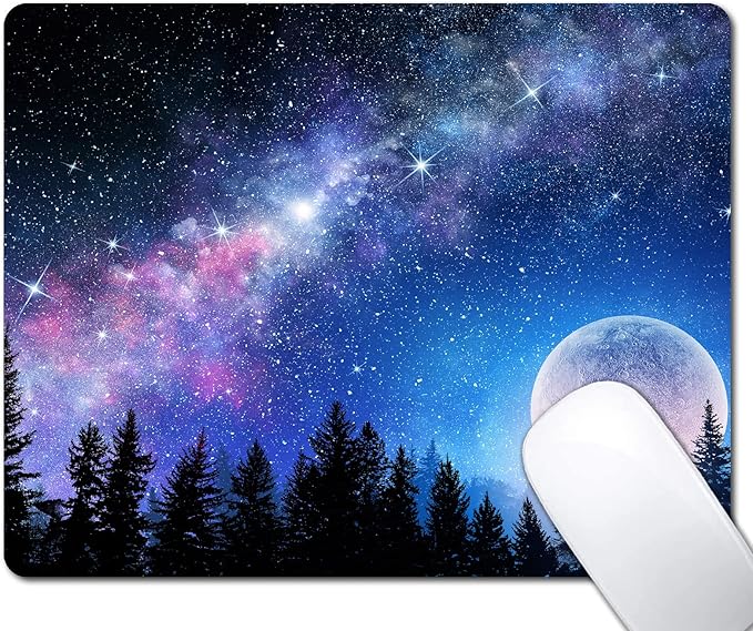 Beautiful Galaxy Nebula Mouse Pad, Full Moon in Night Forest Mouse Pad for Design, Anti-Slip Rubber Base Wireless Mouse Pads for Laptop