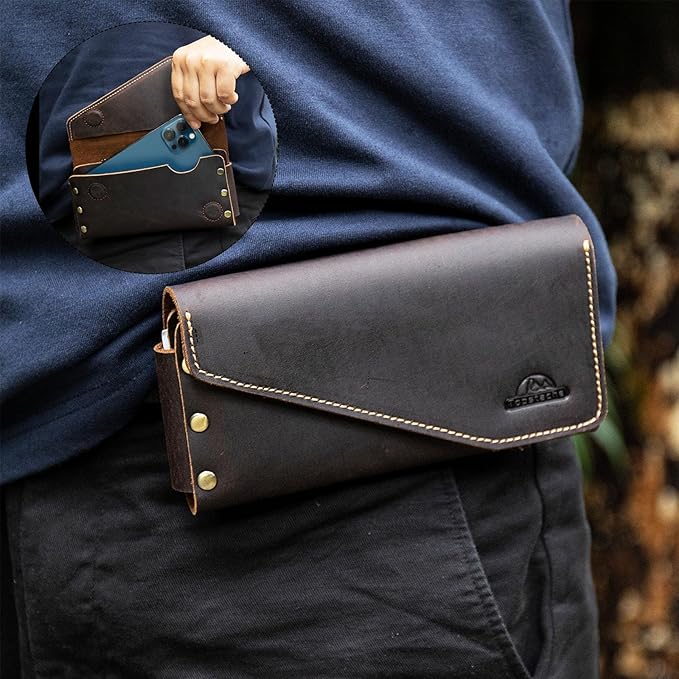 Topstache Leather Phone Holster with Belt Clip,S22 Ultra Belt Holder,iPhone 14 Pro Max Case for Belt,Leather Belt Pouch for Universal Smartphone with Otterbox Case,Flip Cellphone Pouch,XL,Darkbrown