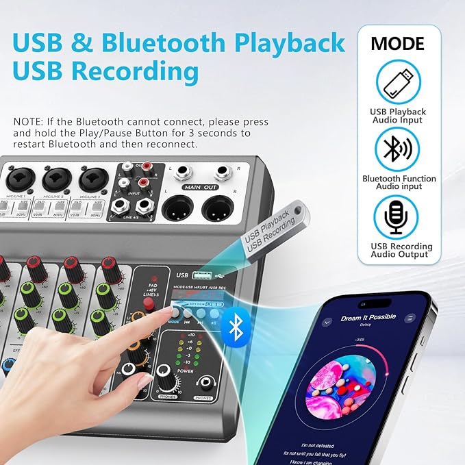 Aveek Professional Audio Mixer, Sound Board Mixing Console with 5 Channel Digital USB Bluetooth Echo Delay Effect, Input 48V Phantom Power Stereo DJ Mixers for Recording, Live Streaming, Podcasting