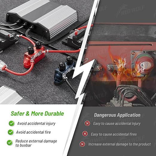 RED WOLF 2PCs 3/8" M10 Small Dual Stud Bus Bar 12-48 V Power Distribution Block Holder 150A DC MAX, Battery Terminal Junction Dual Power Stud Busbar for Car Marine Boat Red & Black Set w/Screws