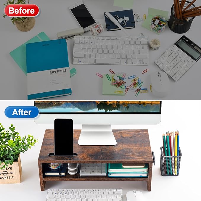 Marbrasse 16.5 Inch Monitor Stand, 2 Tier Computer Monitor Riser with Printer Shelf, Laptop Computer Screen Storage, Desktop Stand - Phone Holder & Cable Management (Vintage)