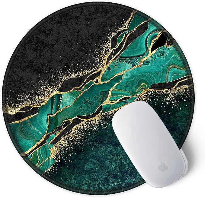 ITNRSIIET Round Mouse Pad with Stitched Edge Premium-Textured Waterproof Non-Slip Rubber Base Desktop Protection Mat Diameter 8.7 inches, Green Marble Gold