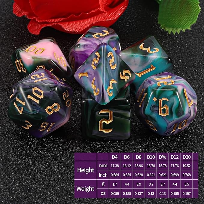 QMAY DND Dice Set -D&D Polyhedral Dice (7 Pcs) for Dungeons and Dragons (Purple Green Four Colors)