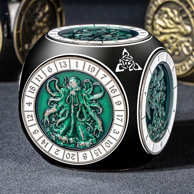 7 in 1 D6 Spinner DND Dice Set D&D, Metal Cube D and D Dice with Gift Box, Dungeons Dragons Role Playing Dice, Black Green