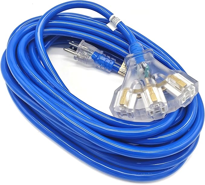 25 ft - 12 Gauge Heavy Duty Extension Cord - Lighted on Both Ends - SJTW Blue - Outdoor Extension_Cord Waterproof 25 ft by Premier Wire - 15 Amp ExtensionCord (25 Foot 12-Awg Power Cord Blue)
