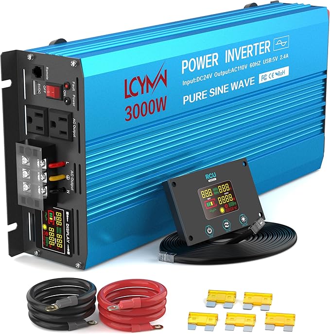 3000 Watt Inverter Pure Sine Wave DC 24V to 110V/120V AC Power Inverters with 2 AC Charger Outlets 6000W Peak Car Solar Converter for Vehicles Home with LCD Display and 2.4A USB Charging Port