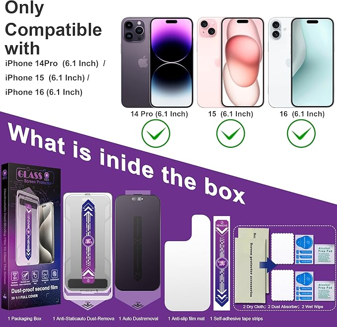2 Pack Matte Privacy Screen Protector for iPhone 14 Pro/iPhone 15 / iPhone 16, 9H Tempered Glass, Full Coverage, Anti-Fingerprint, Auto Dust-Elimination, No Bubble, Easy Installation