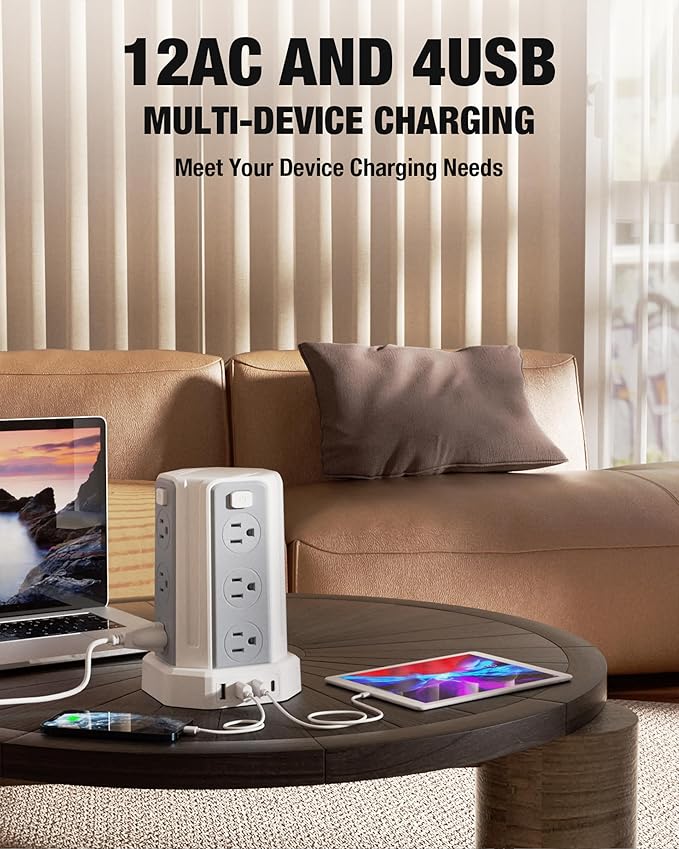 Power Strip Surge Protector, 10 Ft Extension Cord with 12 AC Multiple Outlets 4 USB (1 USB C), SMALLRT Power Tower Desktop Charging Station (White, 10 FT)