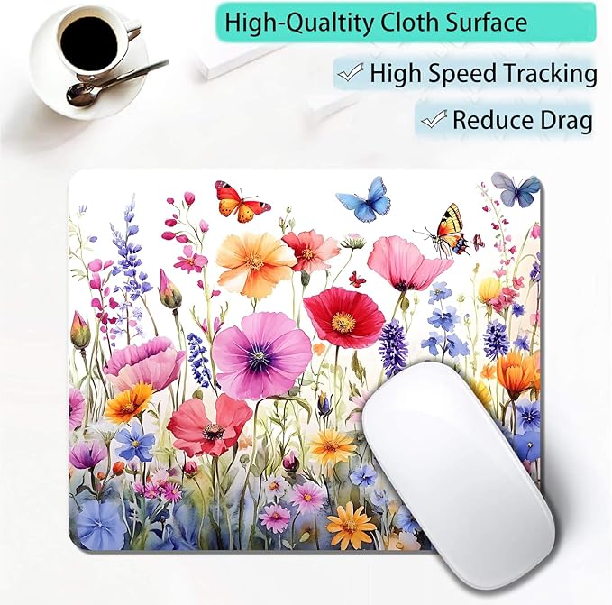 Colorful Wildflowers Floral Butterfly Custom Mouse Pad with Non-Slip Rubber, Small Square Design for Wireless Laptop & Computer Mouse Pads for Desk, 9.5 x 7.9 inch Smooth Surface for Gaming & Office