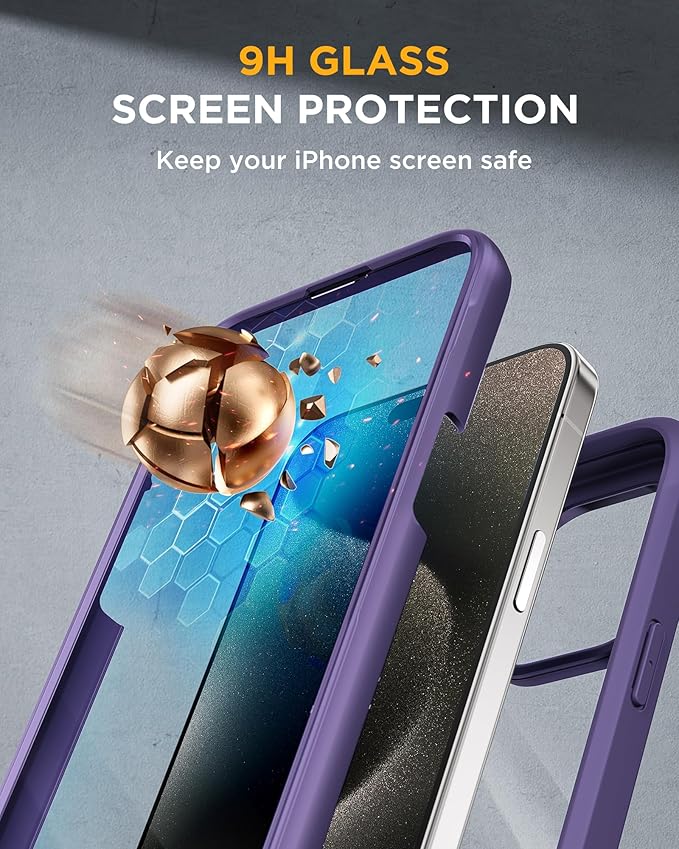 Miracase for iPhone 15 Pro Case Full-Body Built-in Glass Screen Protector& Camera Protector, Military Protective 15 Pro Phone Case Cover 6.1 inch, Purple