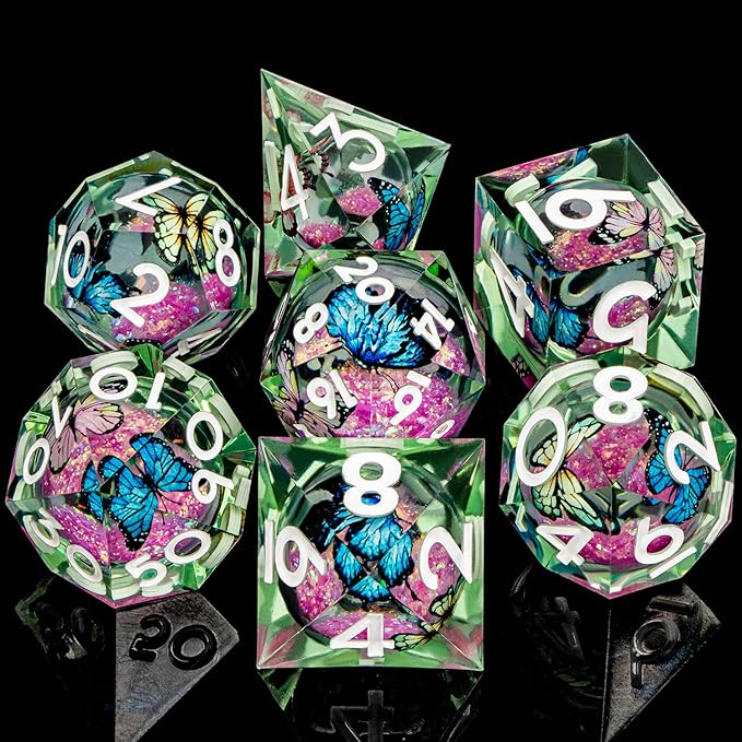 Butterfly DND Dice Pink Liquid Core Dice Set with Metal Box, Handmade Sharp Edge D and D Polyhedral Dice for use with D&D Role Playing Game, D20 D12 D10 D8 D6