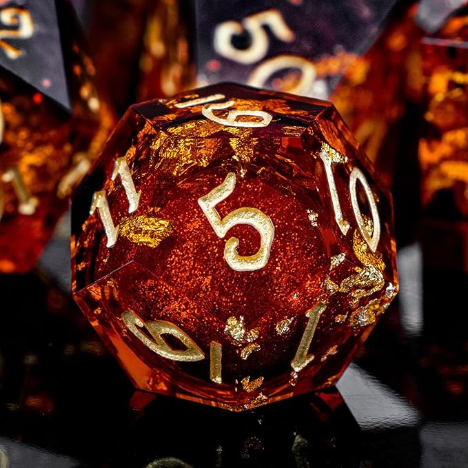 ARUOHHA Liquid Core DND Dice Set, 7pcs Resin Sharp Edged Dragons Dice Compatible with D&D Role Playing Games, RPG Golden Numbers Red Dungeons Polyhedral Dice with Gift Box, D and D Dice Set D20 D10 D6