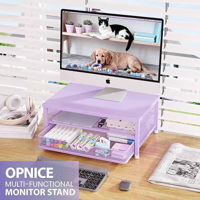 Desk Organizers and Accessories, 2-Tier Computer Monitor Stand Riser with Drawer, Laptop Stand, Office Desk Accessories, Workspace Desktop Organizer for Office Supplies, Purple