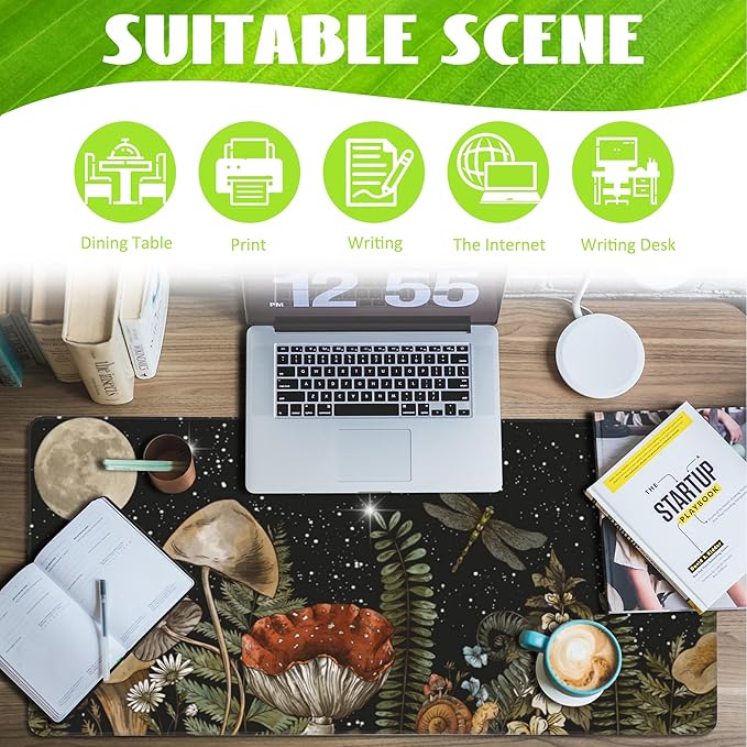 Large Gaming Mouse Pad for Desk,Cute Forest Mushroom Desk Mat,Starry Night Mushroom Desk Pad,Extended Big Computer Keyboard Mouse Pad with Non-Slip Base and Stitched Edge,35.4"x15.7"