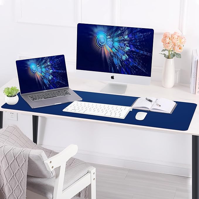 Leather Desk pad Protector, Large Desk mat with Natural Cork & PU Leather,Mouse pad,Non-Slip Office Desk Mat,Waterproof Desk Writing Pad for Office and Home (47in*17in, Sapphire Blue)