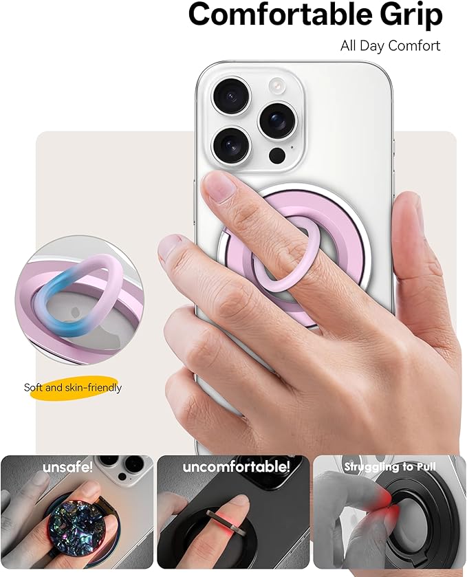 [2025 Upgrade] Magnetic Phone Grip for MagSafe Ring Holder, Two-Sided Magnets Phone Ring Grip Finger Kickstand Compatible with iPhone 16 Pro/Max 15 14 13 12 11 Plus & Android Phone (pink1)