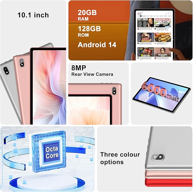 Android 14 Tablet 10 Inch Tablets, 20GB+128GB/1TB Expandable, Tablets with Octa-Core, WiFi 6, Dual Camera, BT 5.0, 6000mAh Battery, HD IPS Display, Widevine L1, Tablet with Keyboard Mouse - Rose Gold