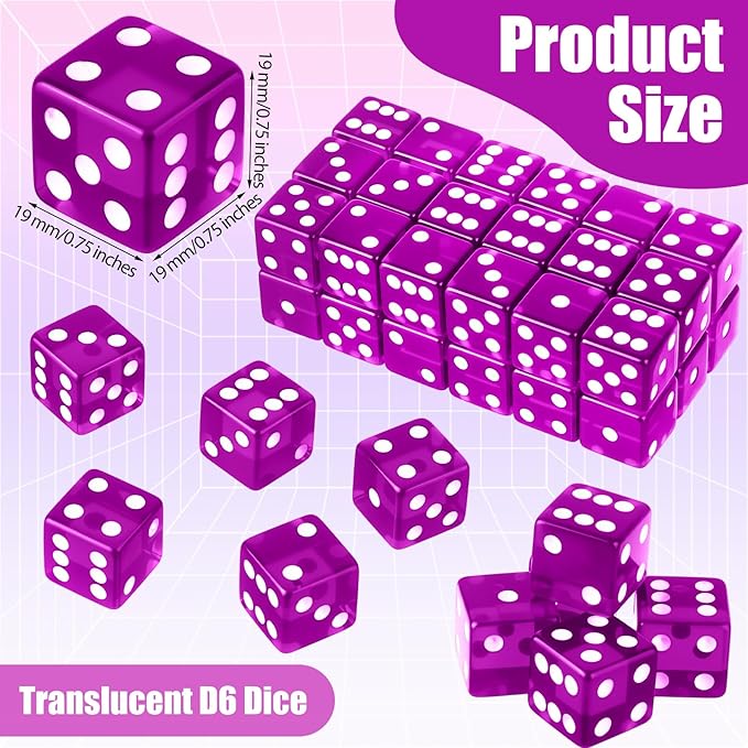 36 Piece 19 mm Casino Style Craps Dice Sets Acrylic and Translucent D6 Dice, Square W/Rounded Edge for Casino, Craps, Table Games and Board Games (Purple)