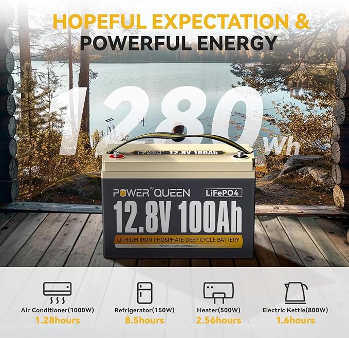 Power Queen LiFePO4 Battery 12V 100Ah Group 31 Lithium Battery, 100A BMS Rechargeable Deep Cycle Battery,100A BMS 1280Wh Higher Energy Density,15000 Cycles for RV, Van, Trailer, Marine,Solar