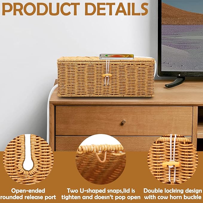Cable Management Box, Handmade Imitation Rattan Cord Cable Organizer, Cable Raceway Open Slots Cords Hider Box for Computer Router USB Hub & Power Strip