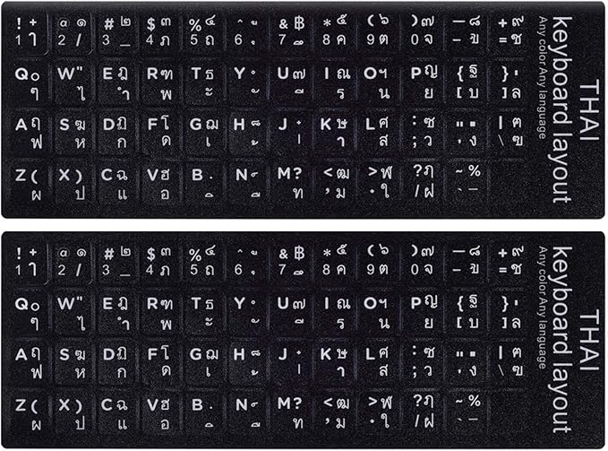 2PCS Thai-English Keyboard Letters Replacement Stickers - White Font on Black Background for Computer, Laptop, Notebook, Desktop - Matte Vinyl Alphabet Stickers