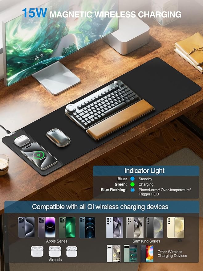 TopMade Mouse Pad with 15W Fast Wireless Charging, 31.5"x11.81" XL Large Gaming Mousepad, Waterproof Desk Pad, Classic Black Computer Desk Mat(Includes 20W PD Power Adapter & 6.56ft Woven Cable)