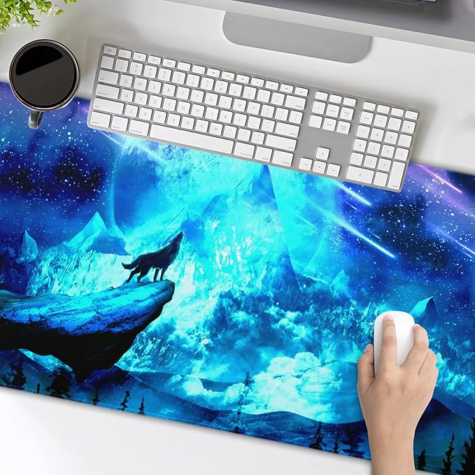 Gaming Mouse Pad Anime Mousepad Large Extended Wolves Gaming Mouse Mat with Stitched Edges Wolf Office Decor with Non-Slip Rubber Base Desk Mat for Work Gaming Office Home 31.5'' X 11.8'' Inch