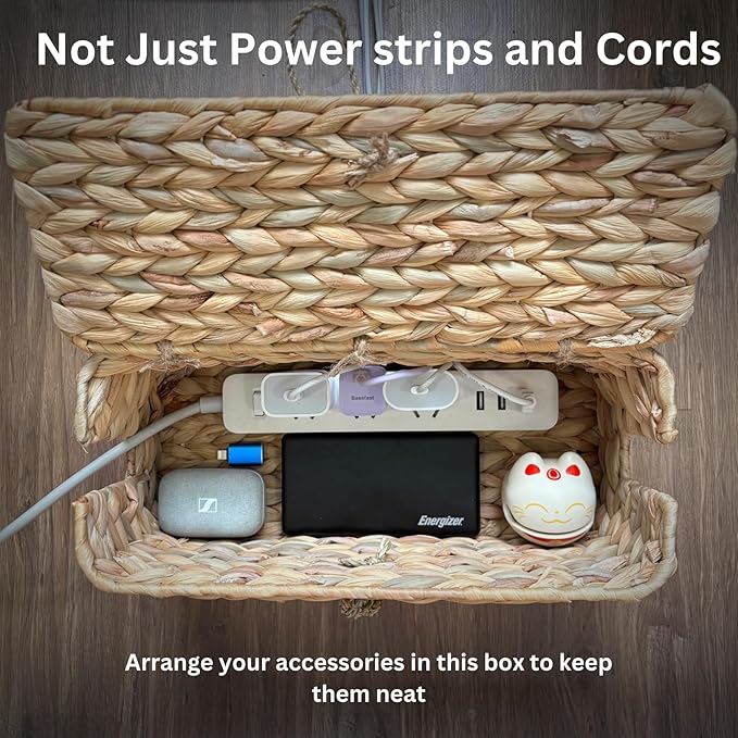 Wicker Cable Management Box with Lid, A Handwoven Water Hyacinth Cords Hider Box for TV, Computer, Router, USB Hub to Hide Cords & Power Strip for Desk, Floor, Office 12.8x5.5x5.5