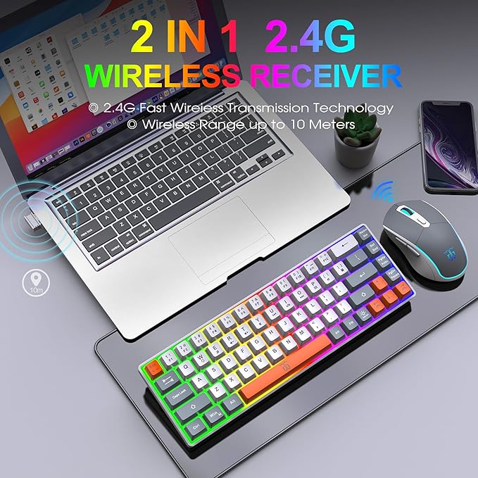 Snpurdiri 60% Wireless Gaming Keyboard and Mouse Combo,Rainbow Backlit Rechargeable 2000mAh Battery,Mini Mechanical Feel Keyboard +Popular RGB Mice for Gaming,Business Office(Gray-White-Orange)