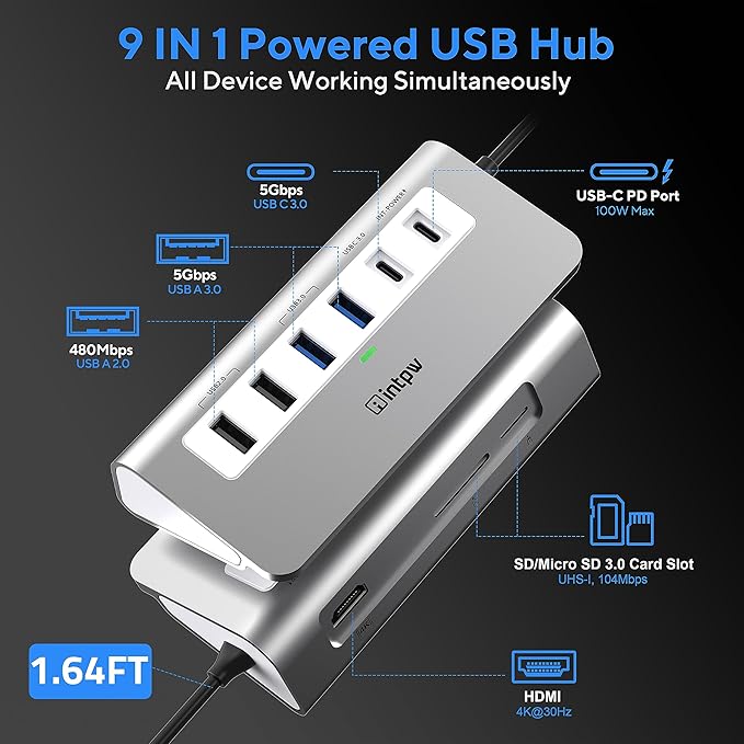 USB C Hub, intpw 9-in-1 USB Hub for Laptop with 4K HDMI, PD 100W, USB-C and 2 USB A 3.0 5Gbps, 2 USB A 2.0, SD/TF Card Reader, Aluminum USB Hub for PC, iPhone, MacBook, iPad
