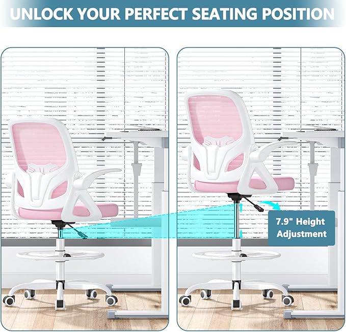 Tall Drafting Chair with Footrest Ring for Home and Work, Ergonomic Home Desk Office Chair with Flip up Arms and Lumbar Support, Extended Height Executive Desk Office Chair(Pink)