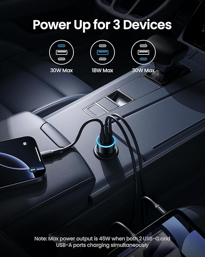 PISEN 60W 3-Port USB C Car Charger - PD30W & QC3.0 Fast Charging, Multi Device Compatible, LED Indicator, Durable Design, Safety Certified for iPhone 16/15/14/13/12 Series