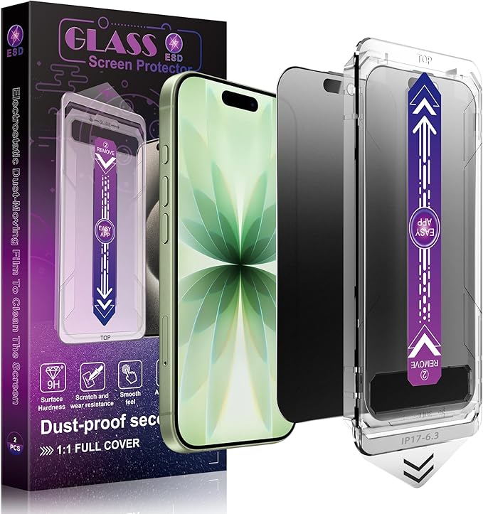 Matte Privacy Screen Protector for iPhone 17, iPhone 16 Pro 6.3-Inch, Auto Dust Removal, 9H Anti-Spy Tempered Glass Film, Full Cover, Anti-Fingerprint, Easy Installation, 2 Pack