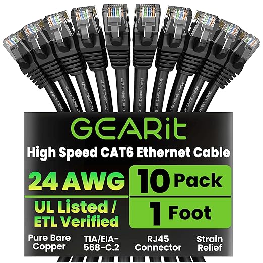 GearIT Cat 6 Ethernet Cable Pack - 10-Pack 1 ft Cat6 Ethernet Patch Cables | RJ45 Network Patch Cable, 10 Gbps Snagless Gold-Plated Connectors - Ethernet Cable Cat 6 for PC, TV, Router - Black