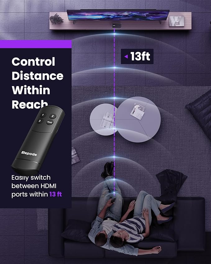 HDMI Splitter with Remote, 3 in 1 Out 4K@60Hz Elepode HDMI Switch, HDMI 2.0 Switch Box Hub for 3D, HDCP2.2, HDR, Compatible with Xbox, PS5/4/3, Fire Stick Roku Blu-Ray Player