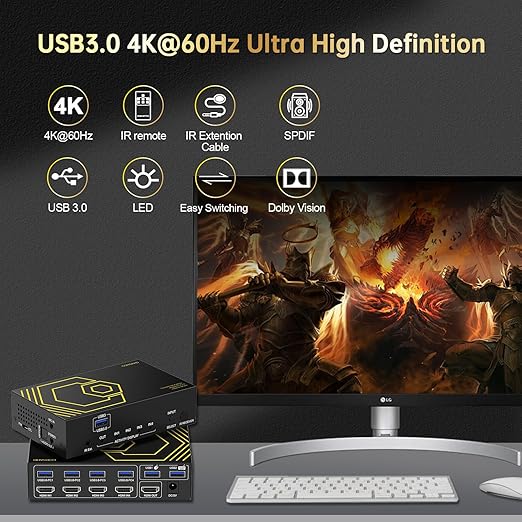 4K@60Hz HDMI KVM Switch USB3.0 4 Computers 1 Monitors HDMI 4 Port KVM Switches for 4 PC Share 1 Monitor and 4 USB 3.0 Devices SPDIF L/R Mic Audio with IR Remote Control and 4xUSB 3.0 Cables