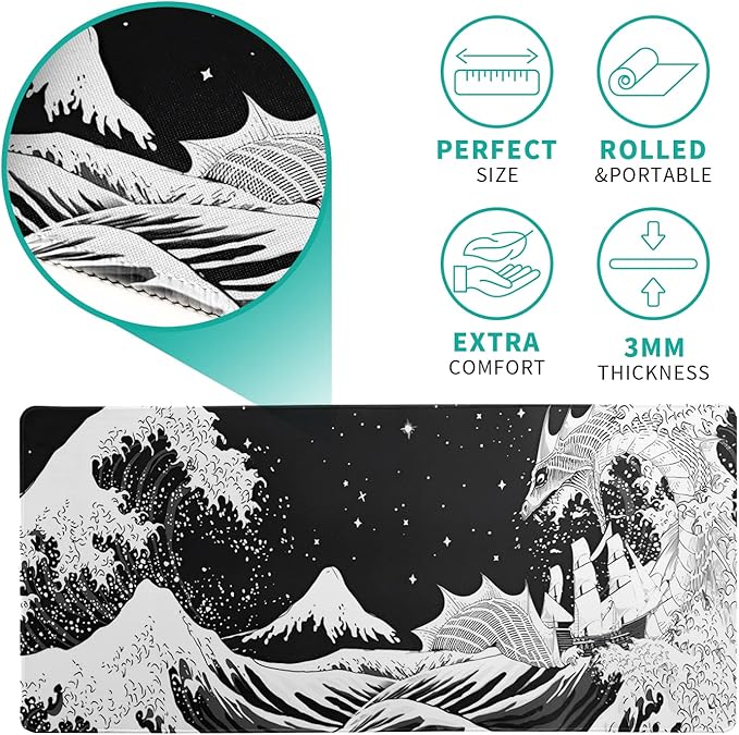 Black and White Japanese Wave Dragon Gaming Mouse Pad - Abstract Mat with Non-Slip Rubber Base, 31.5x11.8 Inch, Stitched Edges - Desk Pad for Office and Home
