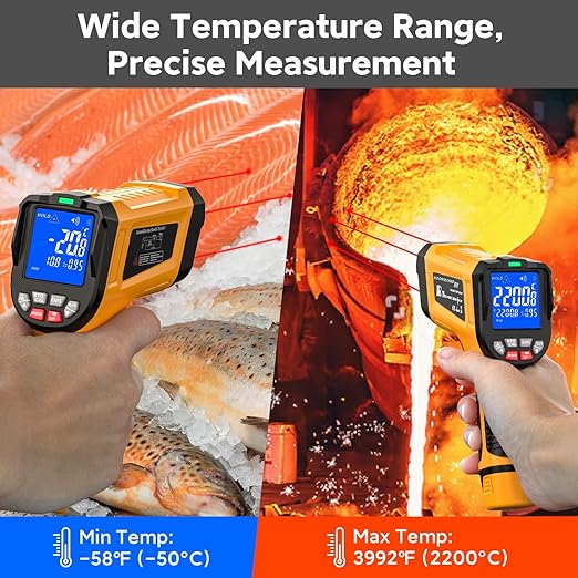 -58°F to 3992°F High-Temp Temperature Gun, Industrial IR Thermometer Gun High Precision Triple Laser Non-Contact Pyrometer Termometer for Furnace, Kiln, Forge, Furnace, Engine, HVAC