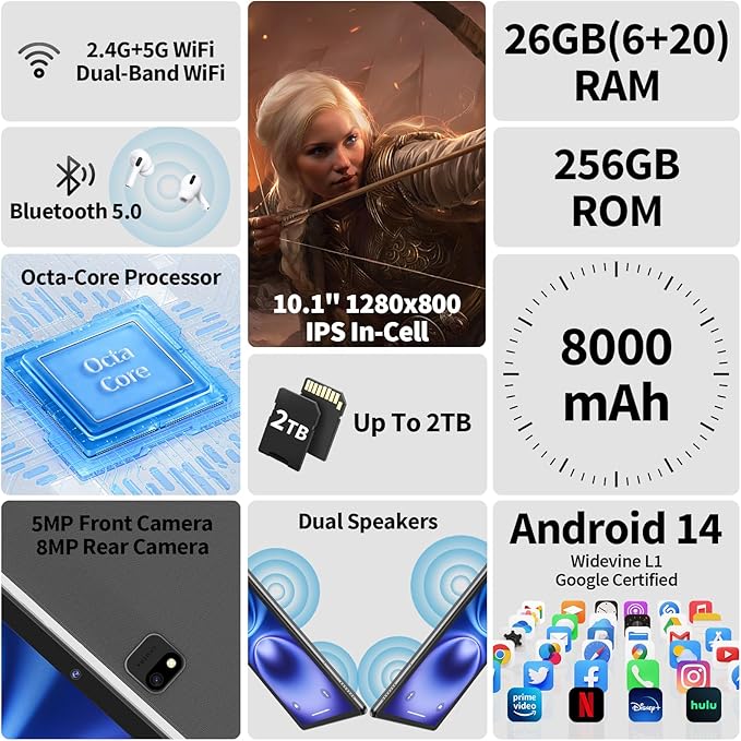 2025 Tablet, Android 14 Tablets 10 inch with Keyboard, 26GB RAM+256GB ROM(2TB Expand), 2-in-1 Tablets with 8-Core, 8000mAh, 5G WiFi, Widevine L1, GMS, with Case, Keyboard, Mouse, Stylus(Black)