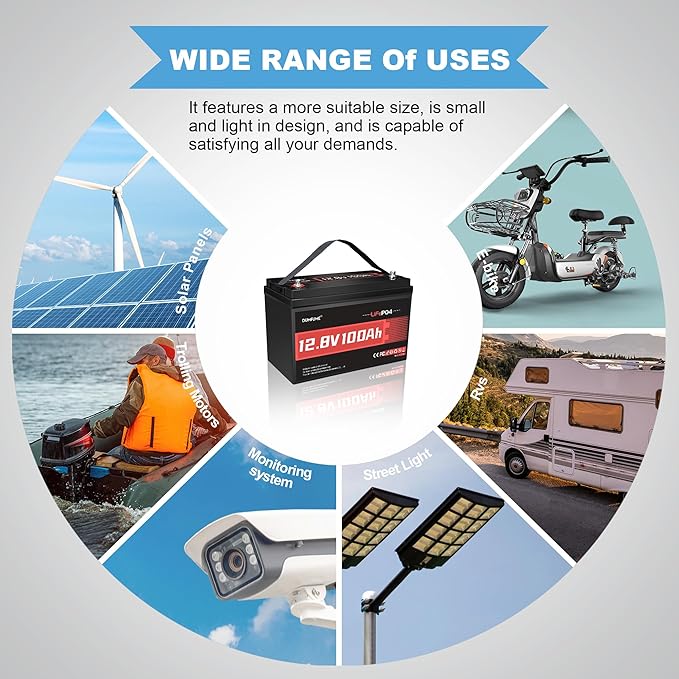 12V 100Ah LiFePO4 Lithium Battery, Built-in 100A BMS, 1280Wh, Up To 6000+ Cycles, Ideal For RV, Marine, Trolling Motor, Solar Off-Grid Systems