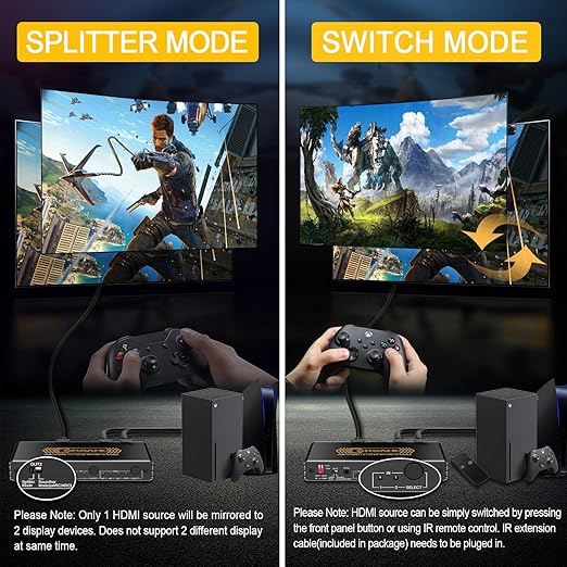 4K@60Hz HDMI 2.0 Splitter 2 in 2 Out with Audio Extractor Supports ARC,e-ARC,Soundbar,Downscale,HDCP Bypass,HDR,CEC,EDID,SPDIF,IR Remote,HDMI Swtich 2 in for soundbar