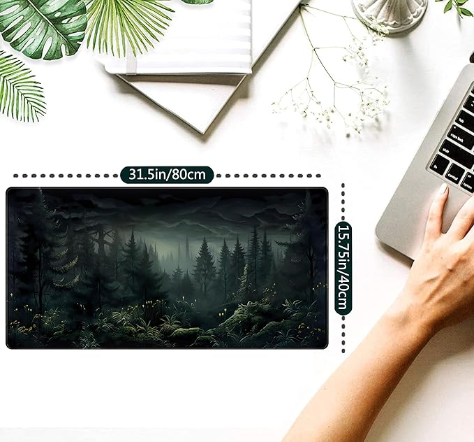 Cute Dark Gloomy Forest Desk Mat, Gothic XXL Large Extended Gaming Mouse Pad Mat, Non-Slip Rubber Base Mousepad Computer Keyboard and Mouse Mat, Desk Pad with Stitched Edges, 31.5x15.75 in