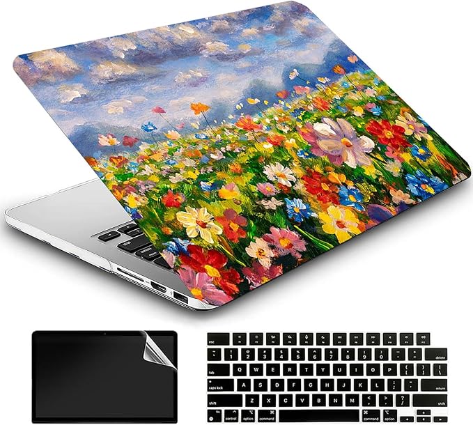 Compatible with MacBook Air 13 Inch Case 2017 2016 2015 2014 2013 2012 2011 2010 Release A1466/A1369, Plastic Hard Shell Case + Keyboard Cover + Screen Protector - Flowers