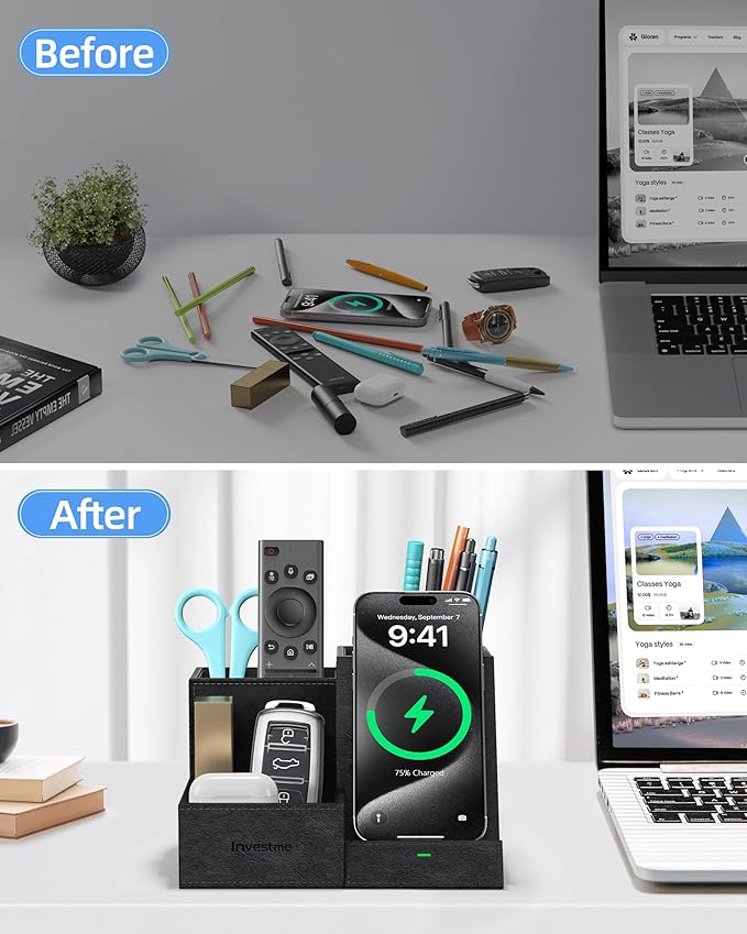 Wireless Charger with Desk Organizer, Pen Pencil Holder, Multifunctional Desktop Organizer, Office Supplies and Desk Accessories Organizer with 3 Compartments and 1 Phone Stand, PU Black