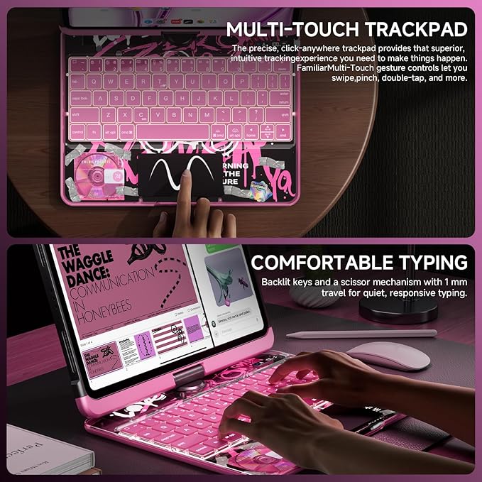 Transparent Case with Keyboard iPad Air (M3/M2,2025/2024) 11 Inch,Compatible 10.9" iPad Air 5th/4th & 11" iPad Pro 4/3/2/1,7-Color Backlit,Wireless Keyboard, 360°Rotating,with trackpad,Pink