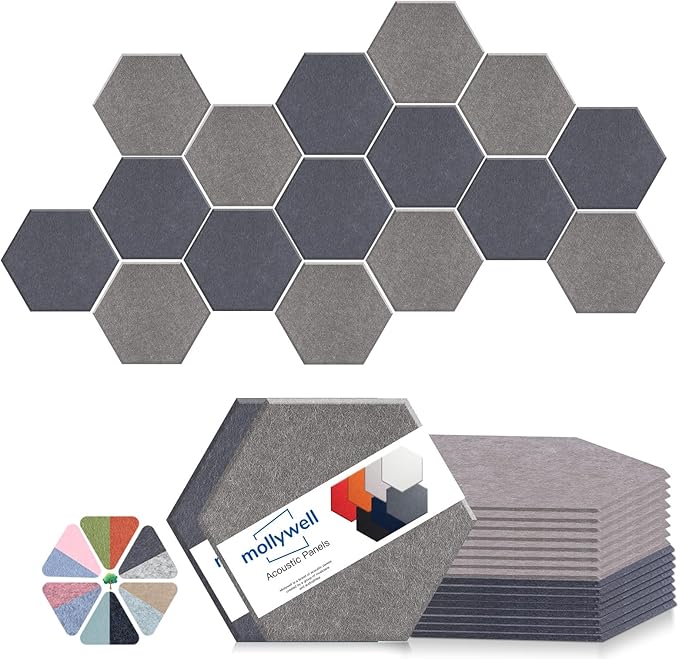 Mollywell Hexagon Acoustic Panels, High Density, Soundproofing, Decorative Noise Reduction Felt Wall Tiles for Ceilings, Home Office & Gaming Room (Afraica and Moon Gray), 14x12x0.4 Inch