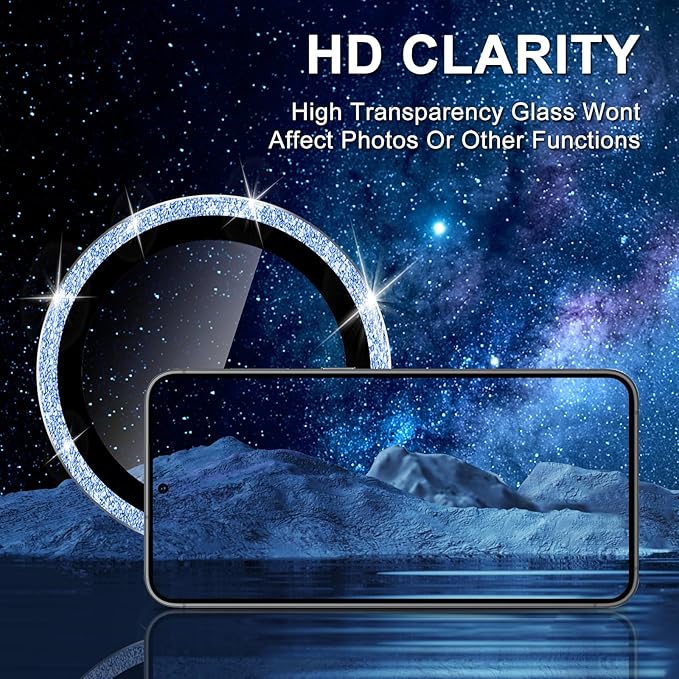 for Samsung Galaxy S25 Plus Camera Lens Protector, Individual Metal Ring Tempered Glass Lens Cover, [Strong Adsorption] Scratch Resistant Ultra-Thin HD Clear Lens Cover, 1 Set-Blue Sparkly